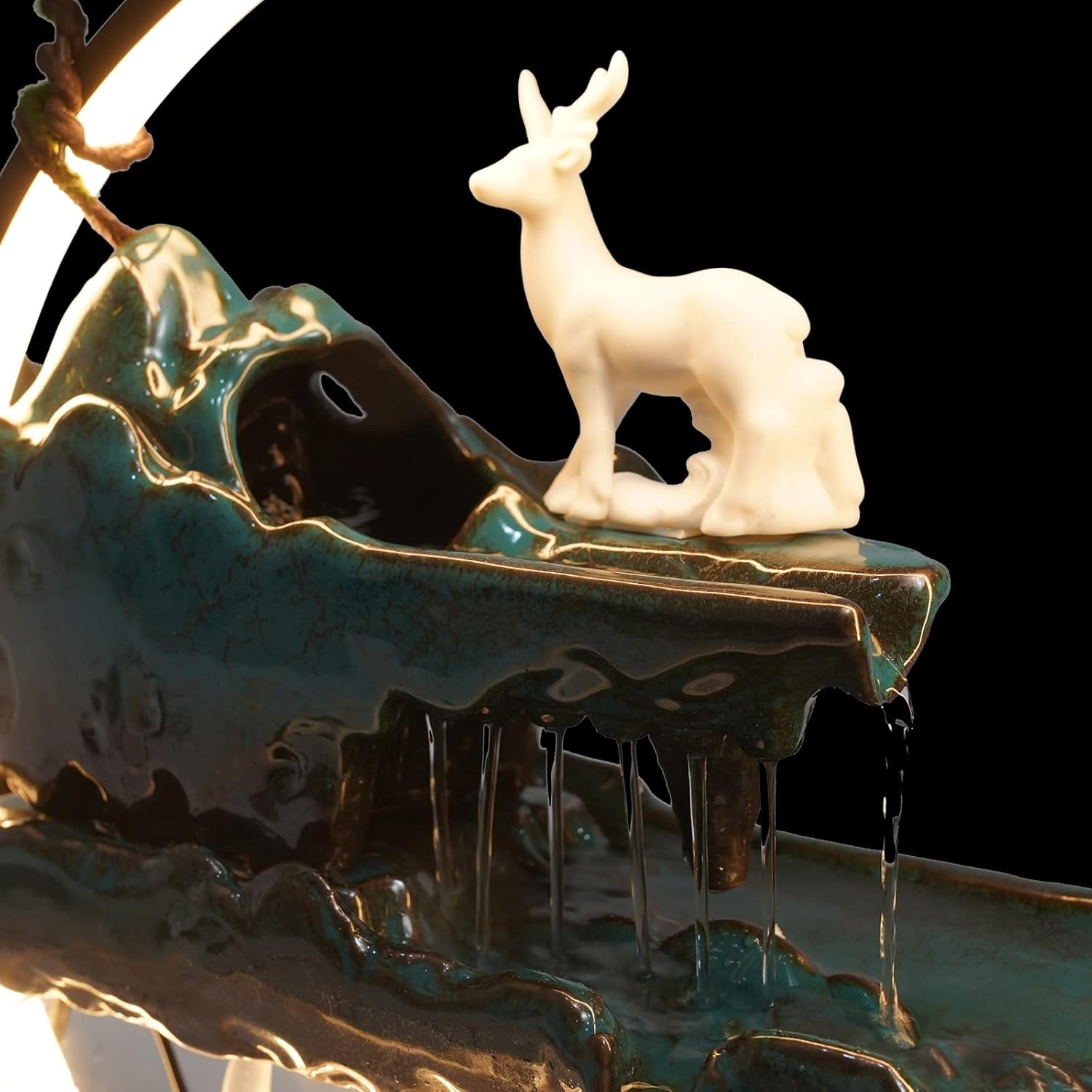 Tabletop Fountain with LED Light Loop Deer and Fish Decor