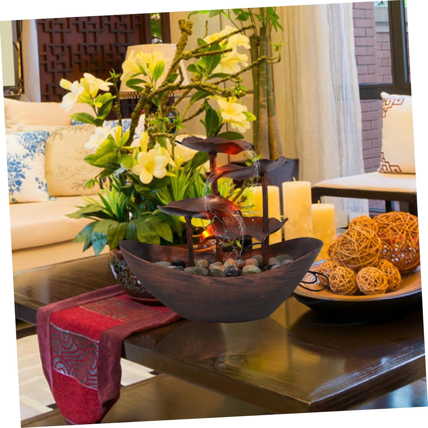 Creative Tabletop Fountain LED Light Copper Lotus Leaf Waterfall Decor for Living Room and Home