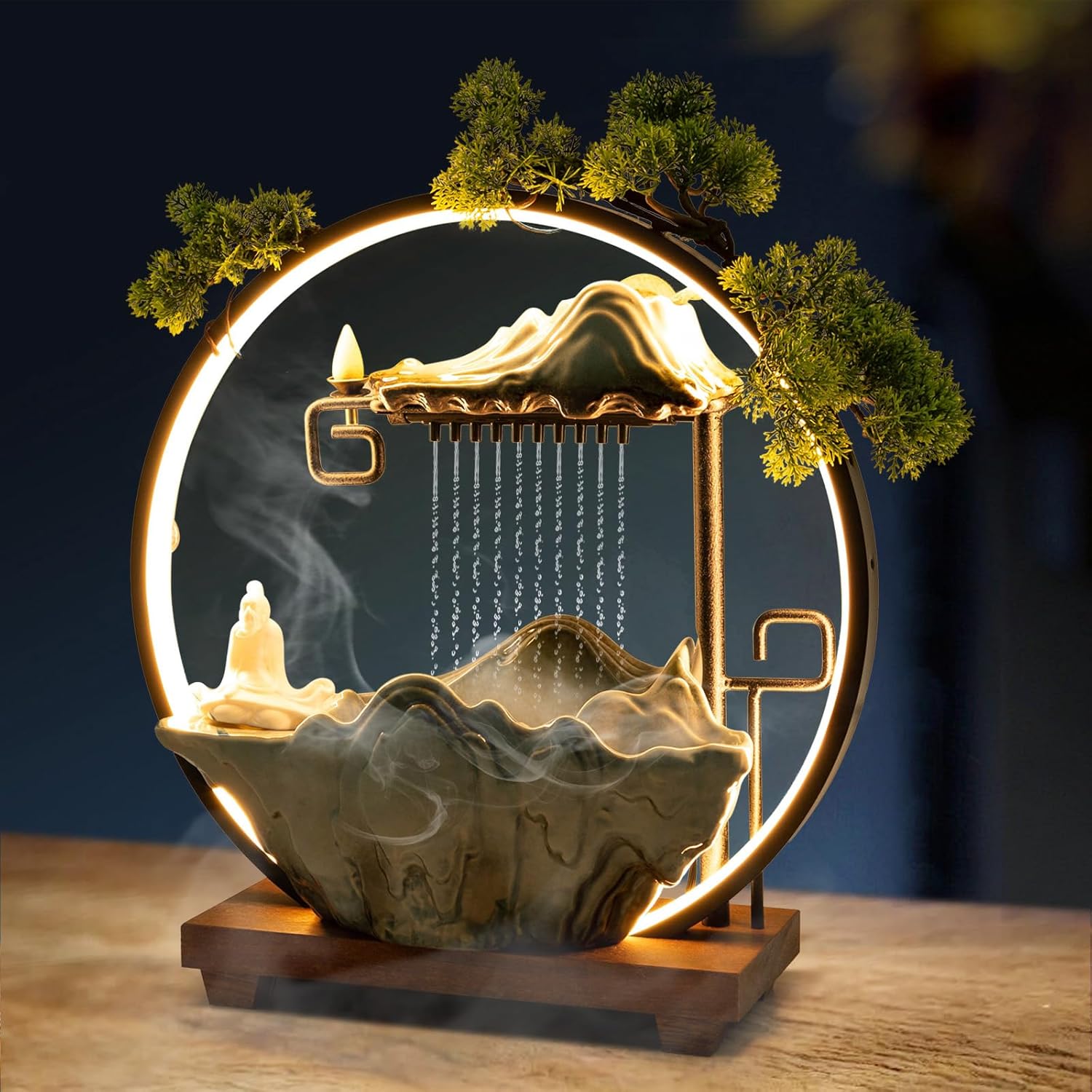 Indoor Tabletop Fountain with People Statue and LED Light