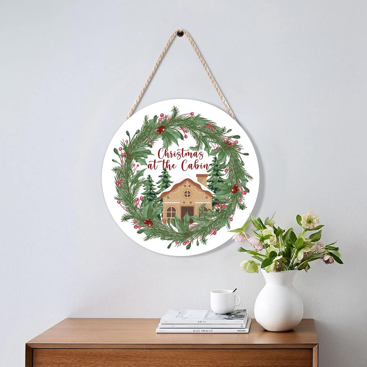 Christmas Cabin Holly Wreath Wood Door Hanger 10x10in