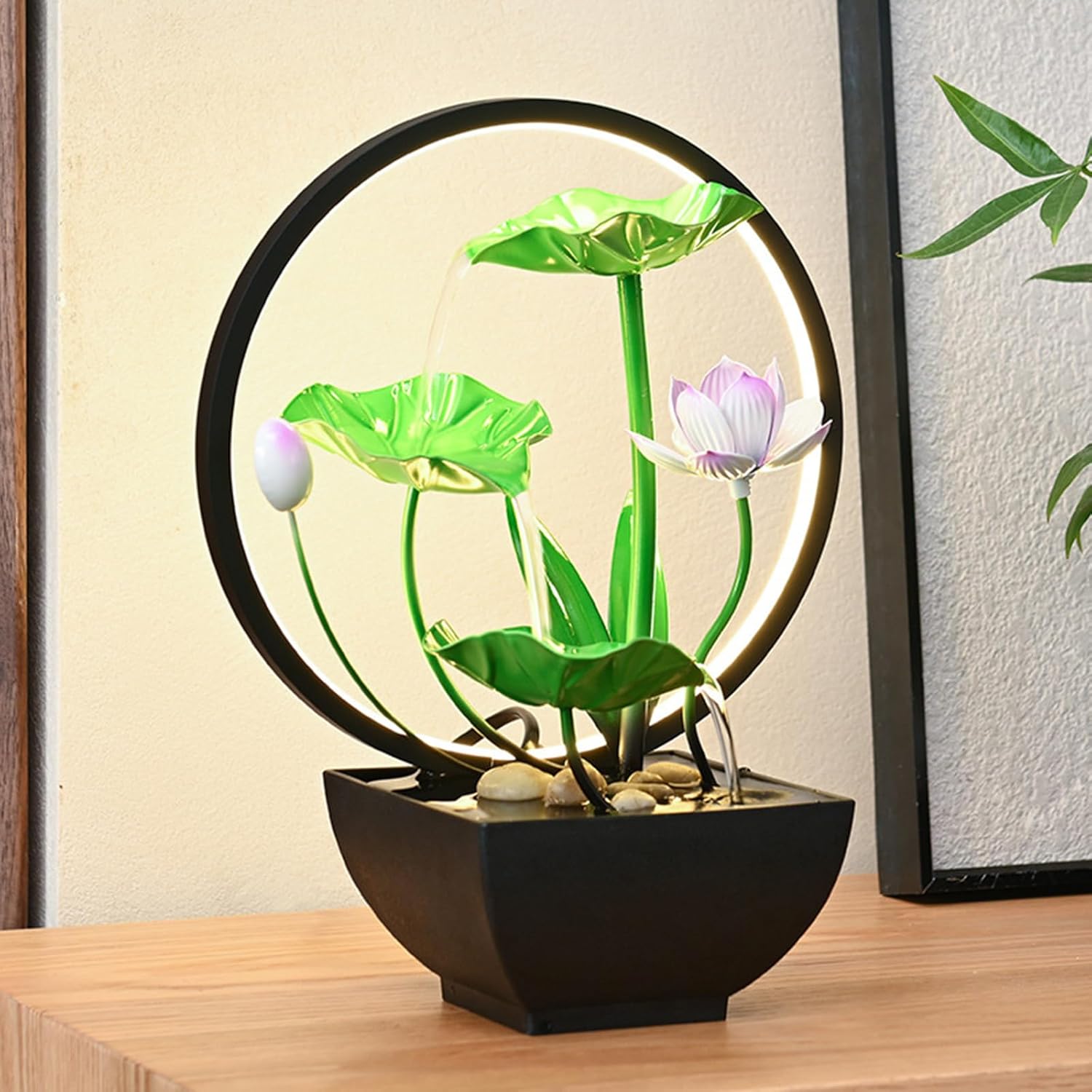 Tabletop Fountain with Light Ring and Lotus Design
