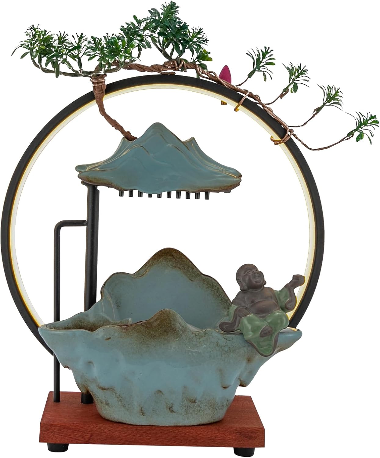 Indoor Tabletop Waterfall with LED Light and Artificial Plants