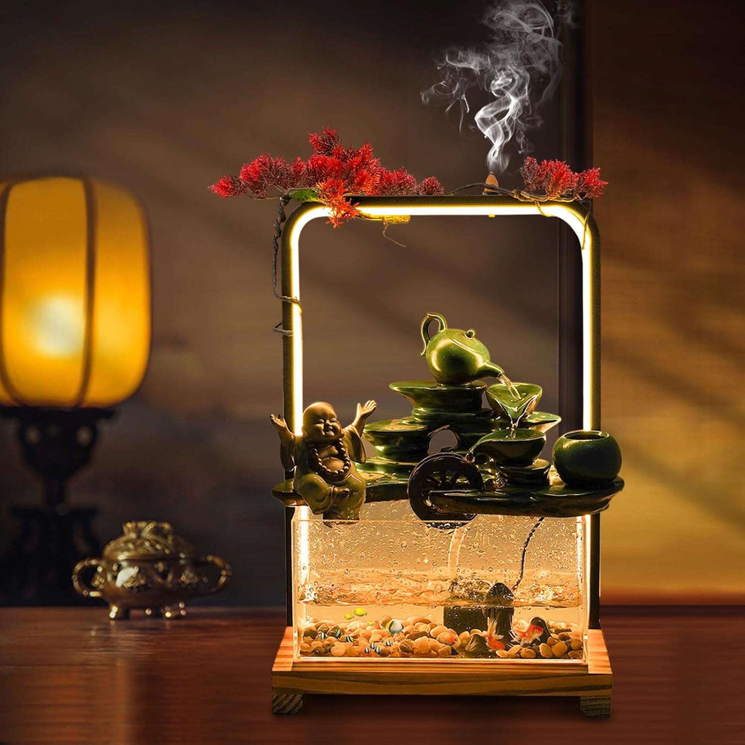 Tabletop Buddha Water Fountain with LED Light for Good Luck Wealth Decor