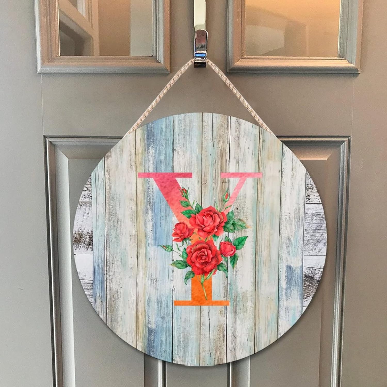 Farmhouse Door Hanger Red Floral Alphabet Letter Y Wood Sign