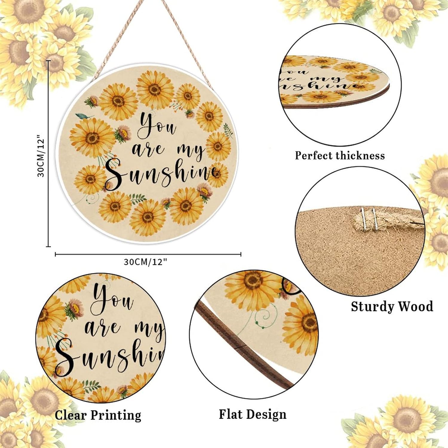 Farmhouse Door Hanger Vintage Sunflower Wreath Bee Wood Sign 12x12in