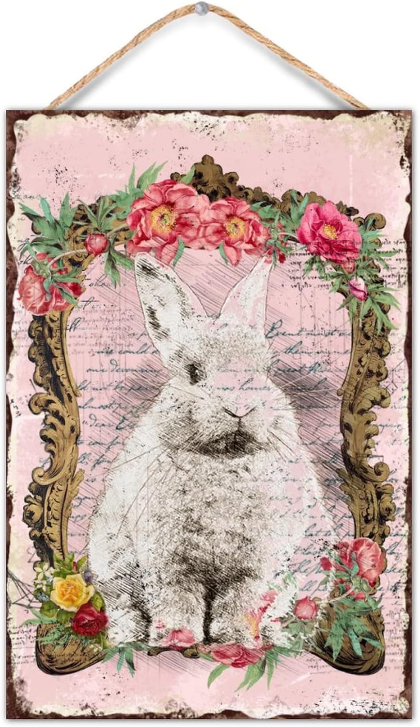 Welcome Easter Bunny Rabbit Door Sign Spring Wooden Wreath Outdoor Decor