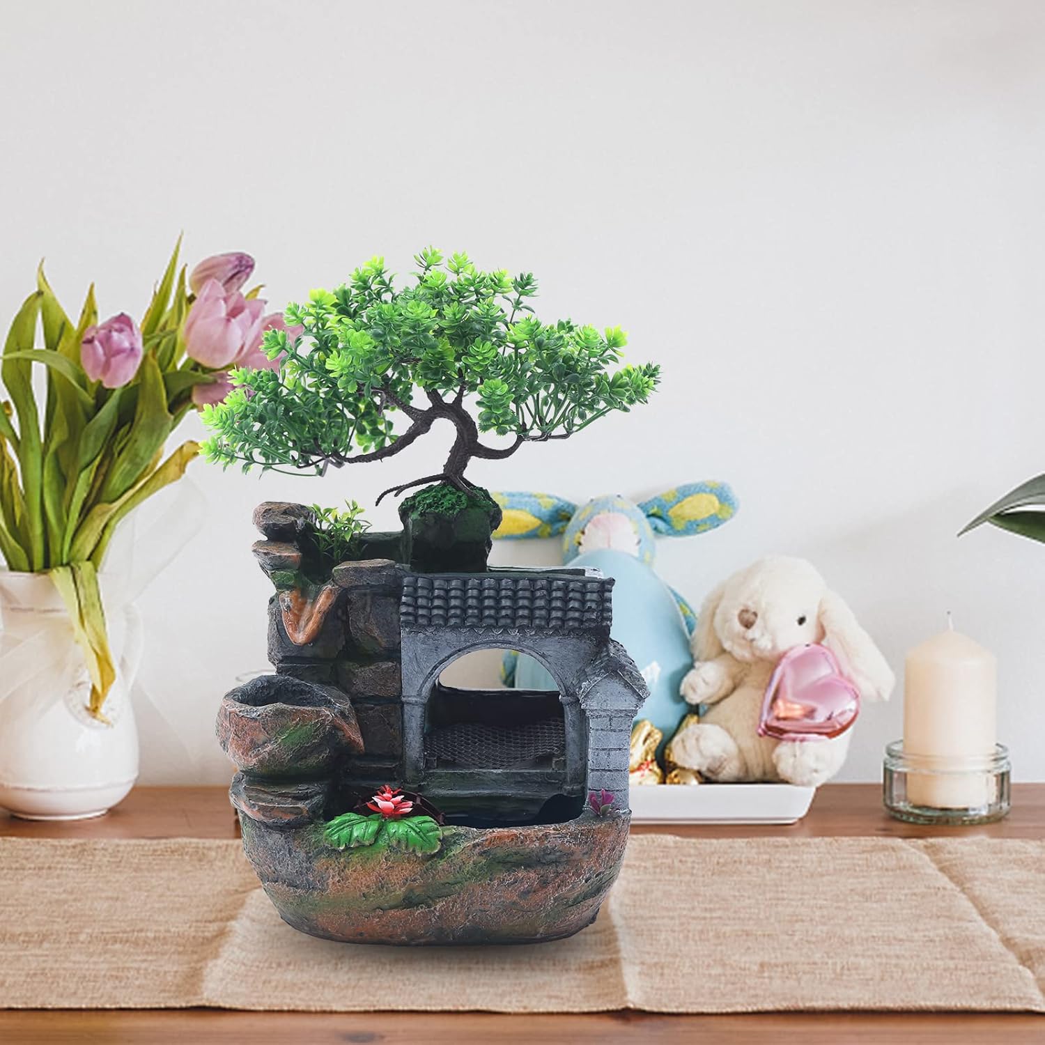 WINNIESHOP Indoor Tabletop Waterfall Fountain with Lights and Plants