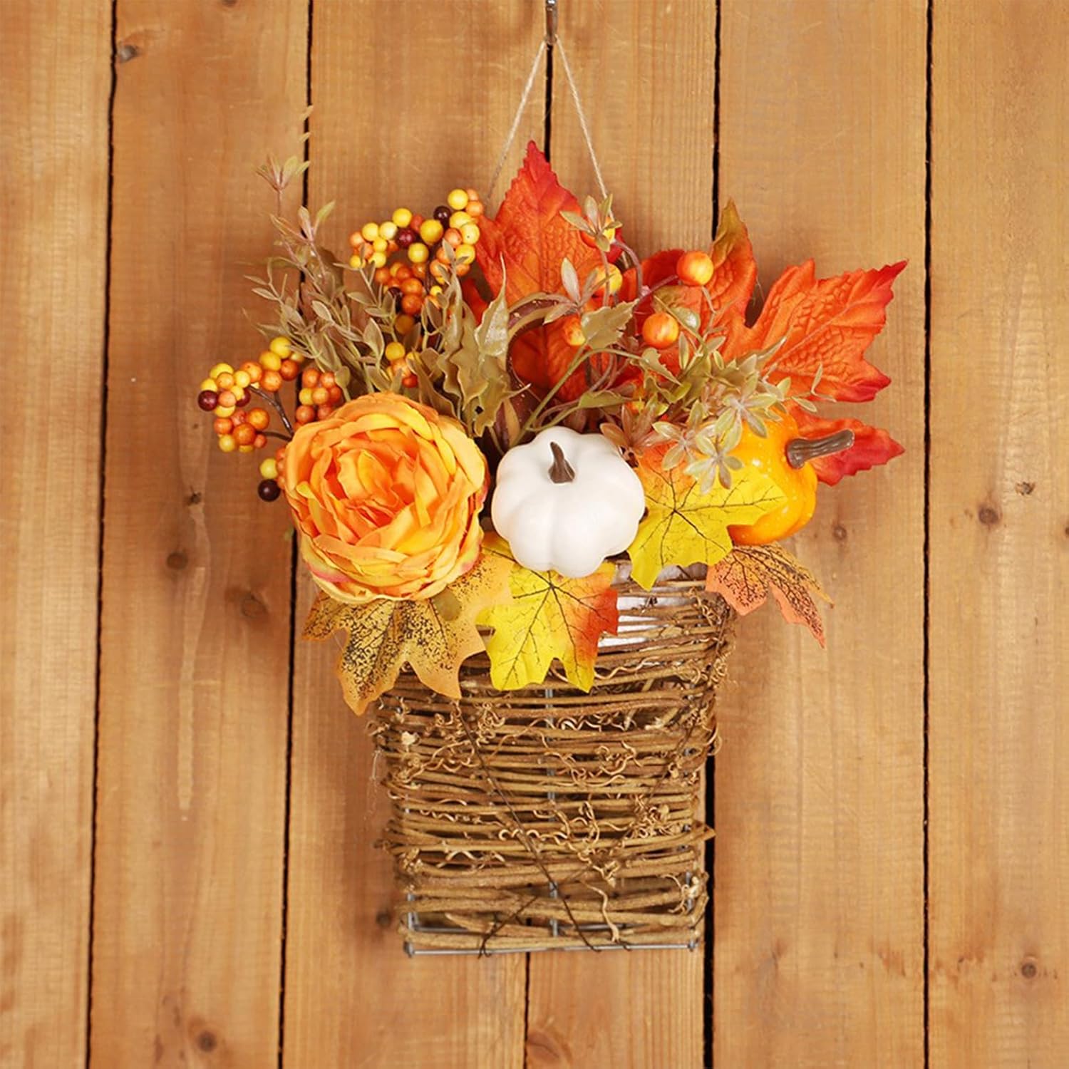 Autumn Door Wreath with Flowers and Decorative Elements