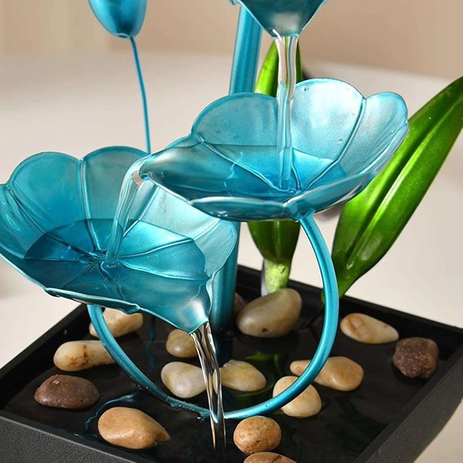 Indoor Metal Lotus Leaf Blue Tabletop Fountain for Relaxation Home Office Decor