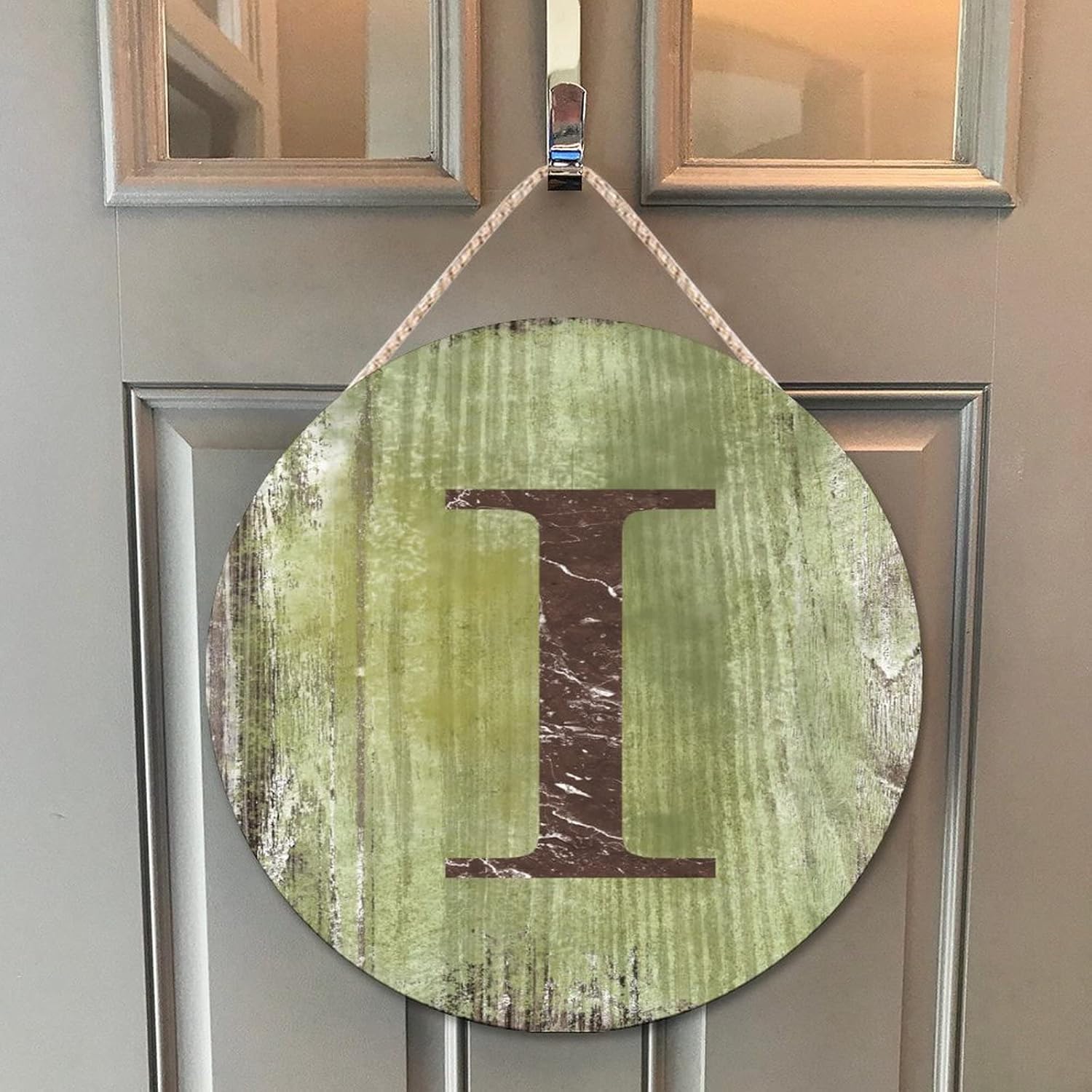 Farmhouse Front Door Hanger Distressed Green Wood Initial I Sign