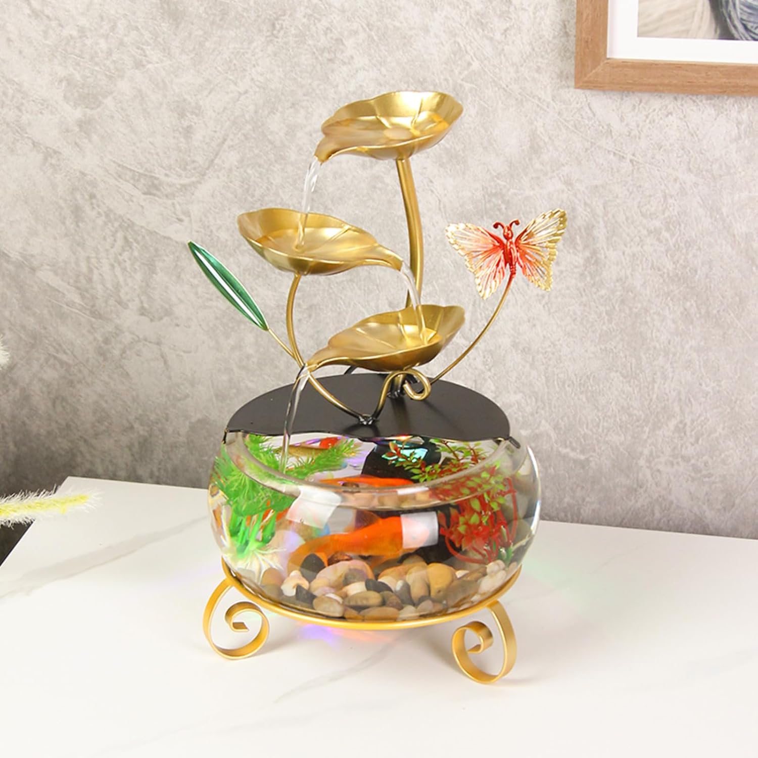 Modern Gold Indoor Water Fountain with Butterfly and Aquatic Plants 1