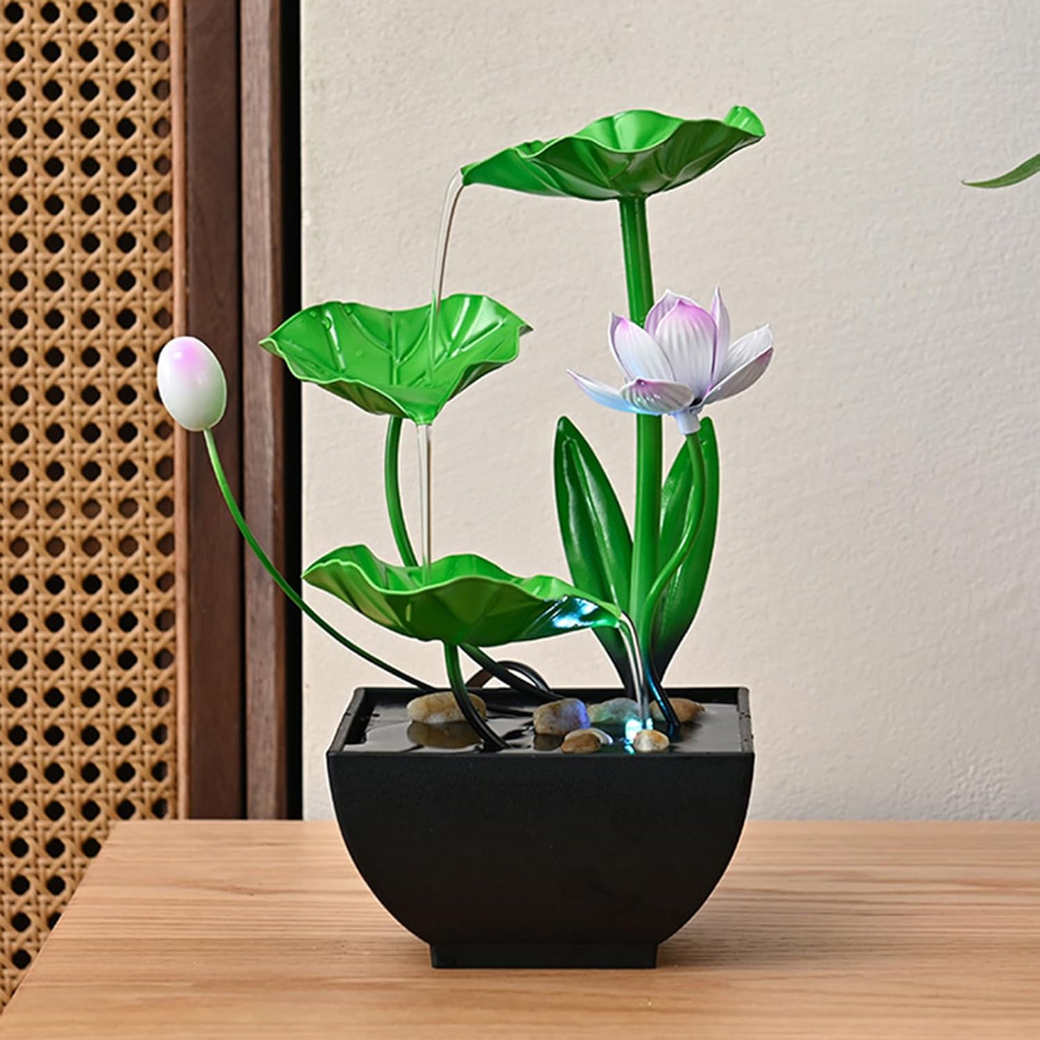 Tabletop Fountain with Light Ring and Lotus Design