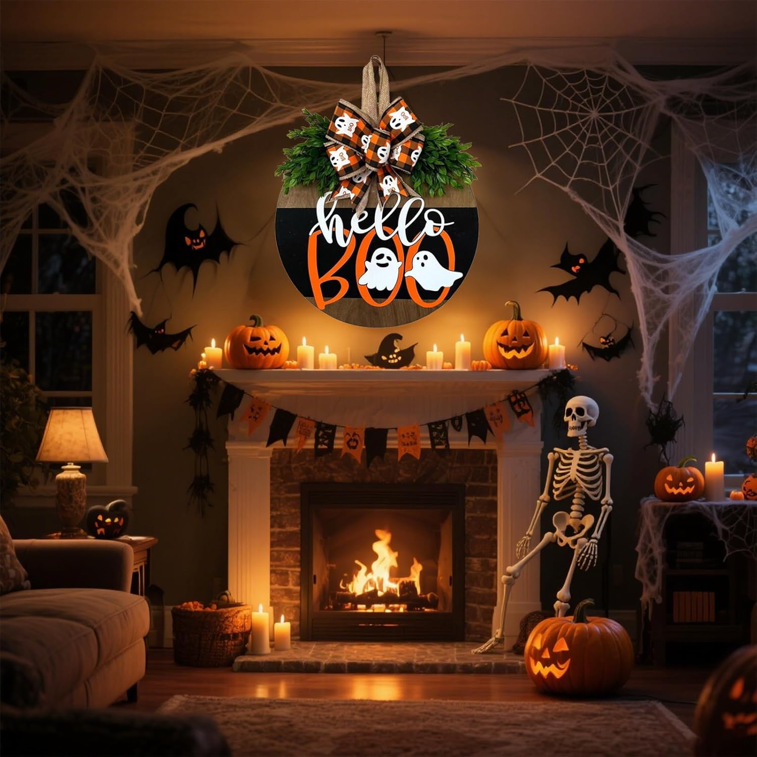 Cute Halloween Ghost Door Wreath Sign Wooden Welcome Decor for Front Door