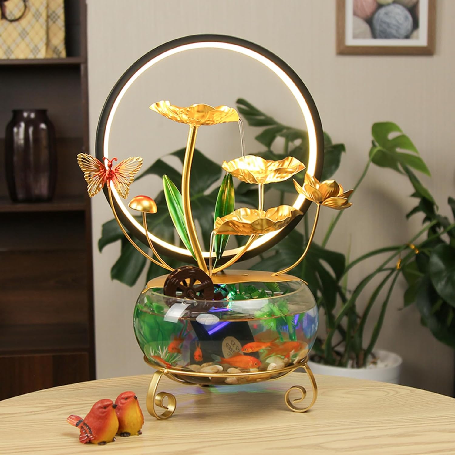 Modern Lotus Leaf Tabletop Fountain with LED Light and Decorative Butterfly