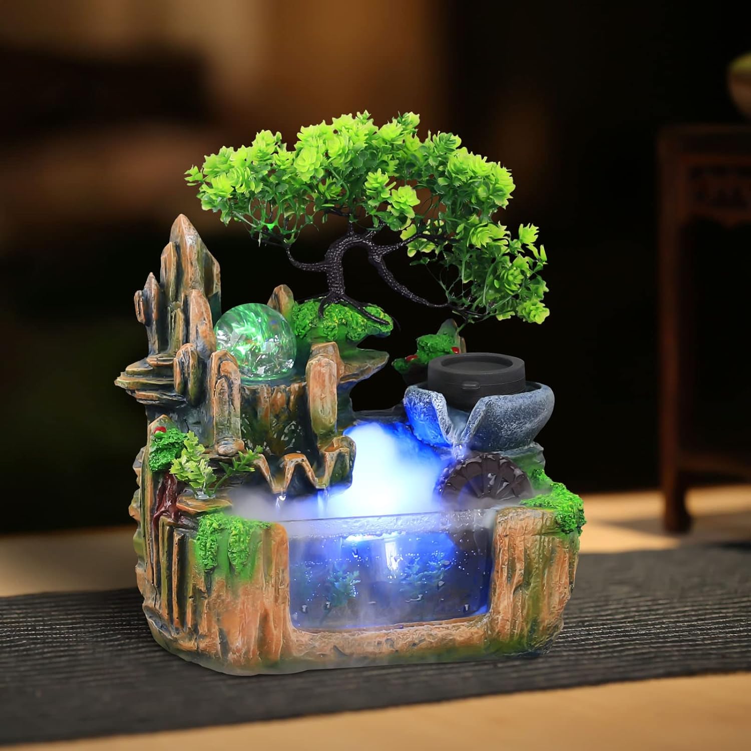 10 Inch Bonsai Tree Water Fountain with LED Light and Atomizer