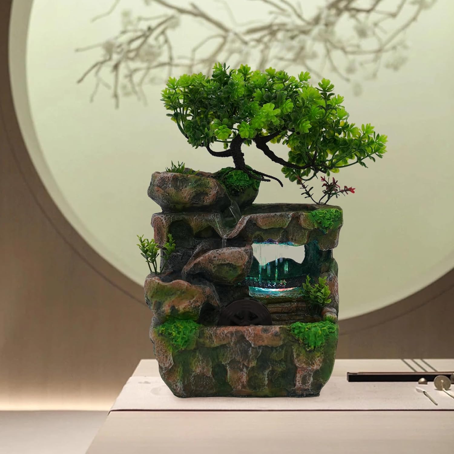 Indoor Water Fountain with LED Light and Pine Trees