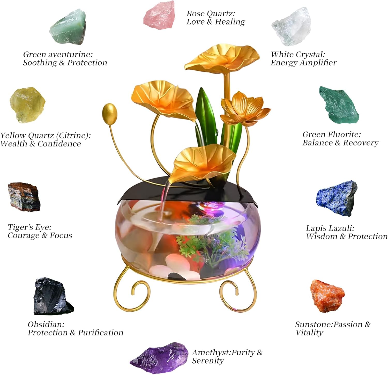 Indoor Water Fountain with Fish Tank and Crystals