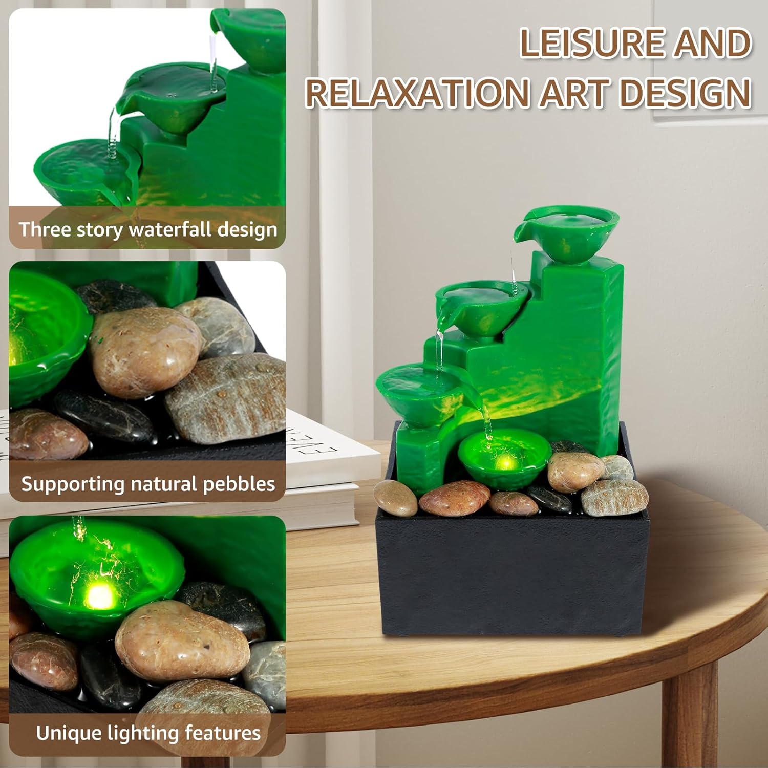 Emerald Green Tabletop Fountain with Light and Sound