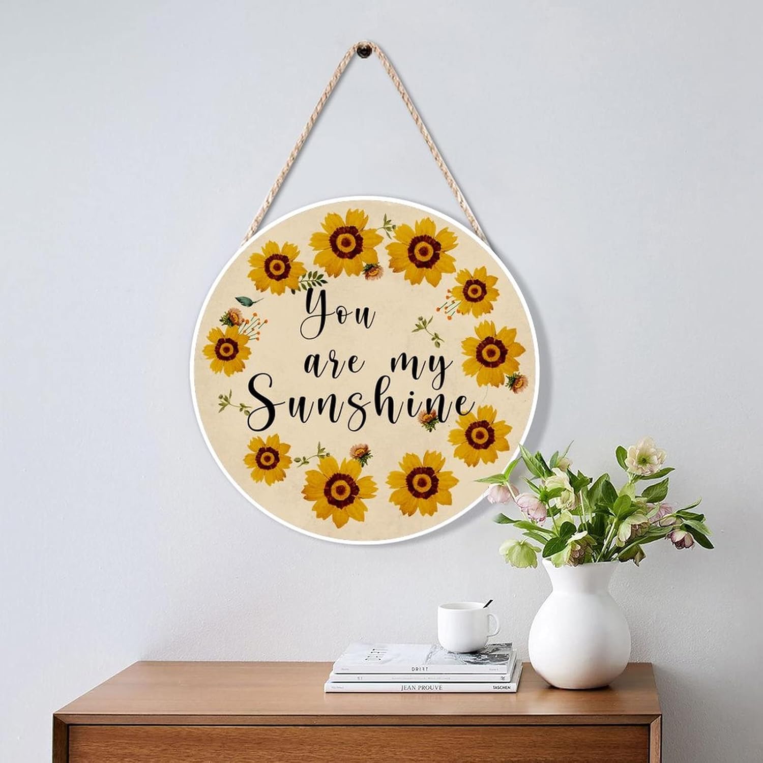 Farmhouse Front Door Hanger Vintage Sunflower Wreath Bee Wood Sign for Kids Girls Women 12x12in