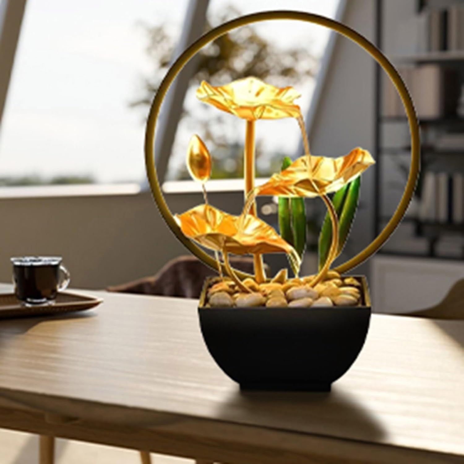 Elegant 3 Tiered Indoor Tabletop Fountain with LED Light and Natural Stones