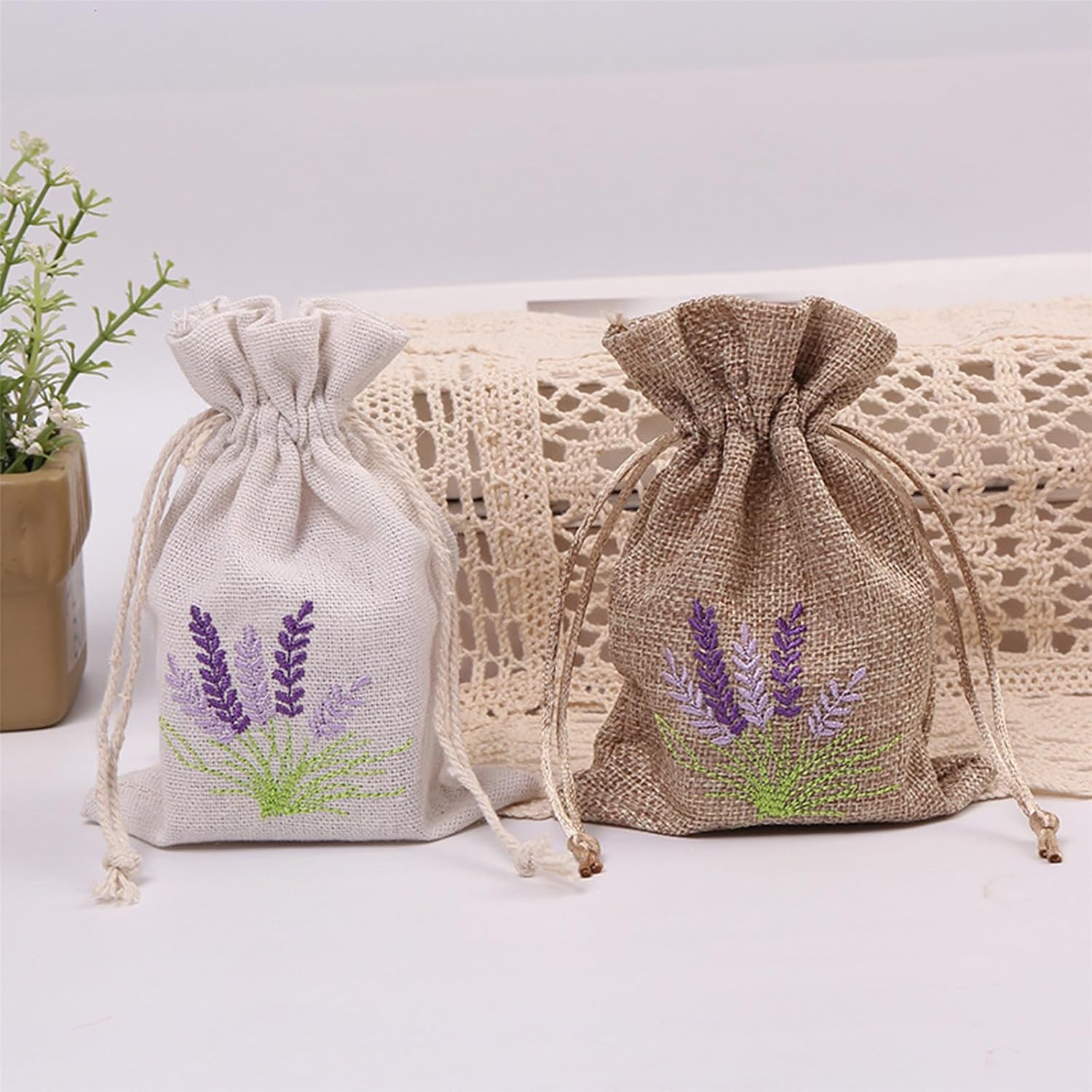 Set of 10 Cotton Linen Scented Drawstring Bags for Jewelry Storage