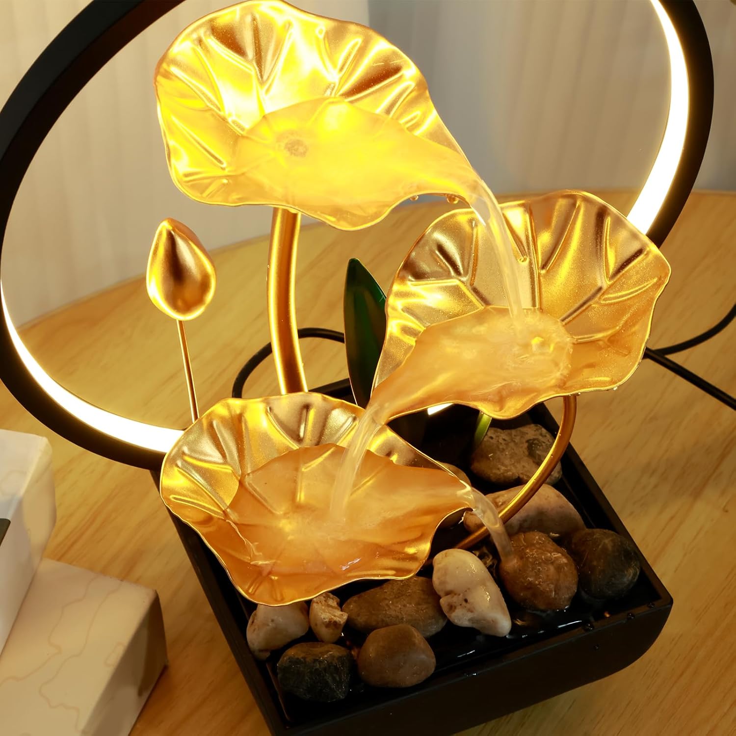USB Powered Tabletop Water Fountain with LED Lights and Natural Rocks