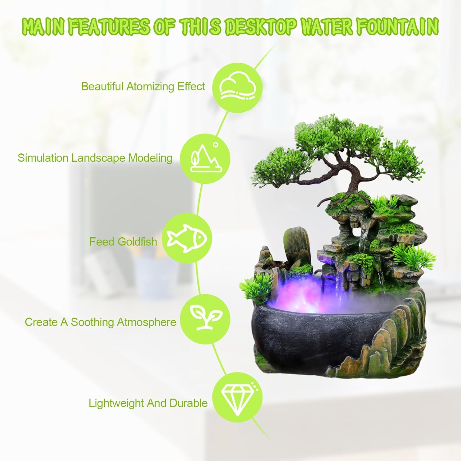 Elegant LED Water Fountain with Humidifier and Pump