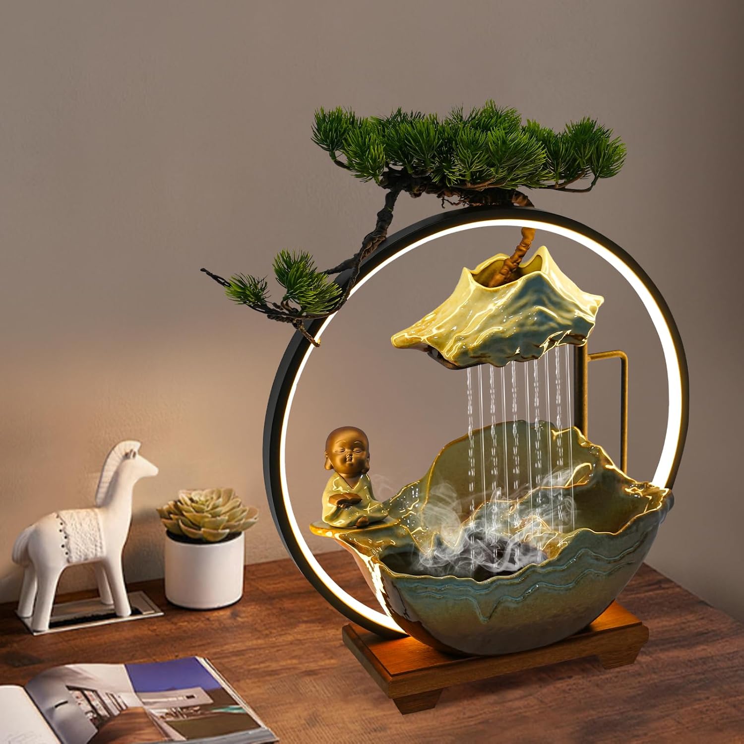 Cute Monk Statue Waterfall Humidifier with LED Light and Atomizer Mist