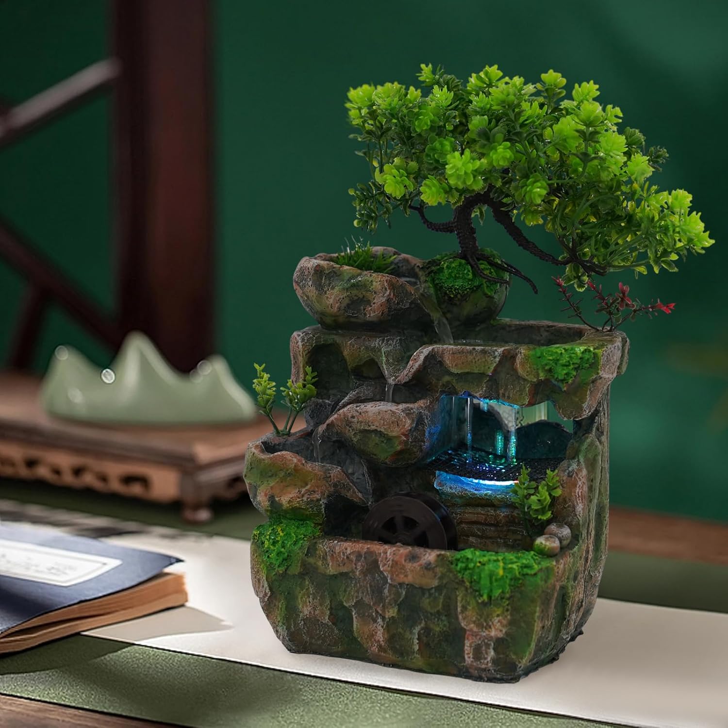 Tabletop Water Fountain with LED Light and Artificial Tree