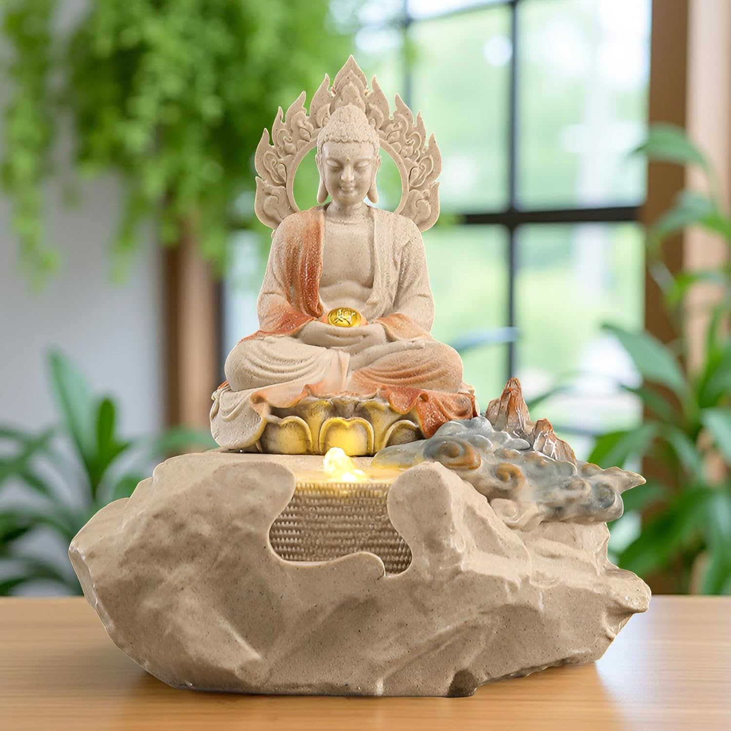 Zen Buddha Tabletop Fountain with LED Lights and Crystals
