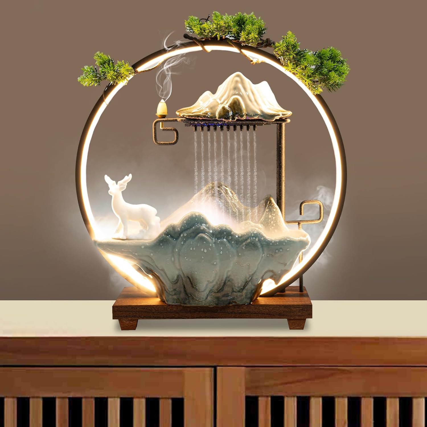MOQNISE Tabletop Fountain with LED Light and Atomizer