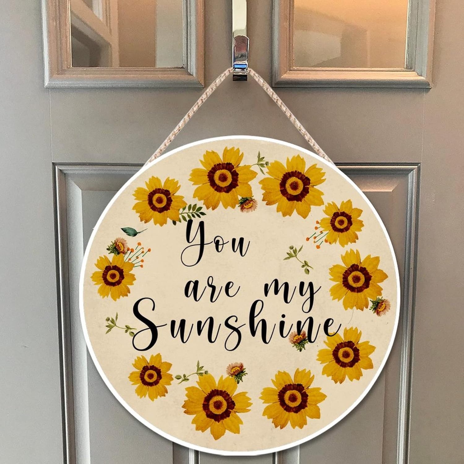 Farmhouse Front Door Hanger Vintage Sunflower Wreath Bee Wood Sign for Kids Girls Women 12x12in