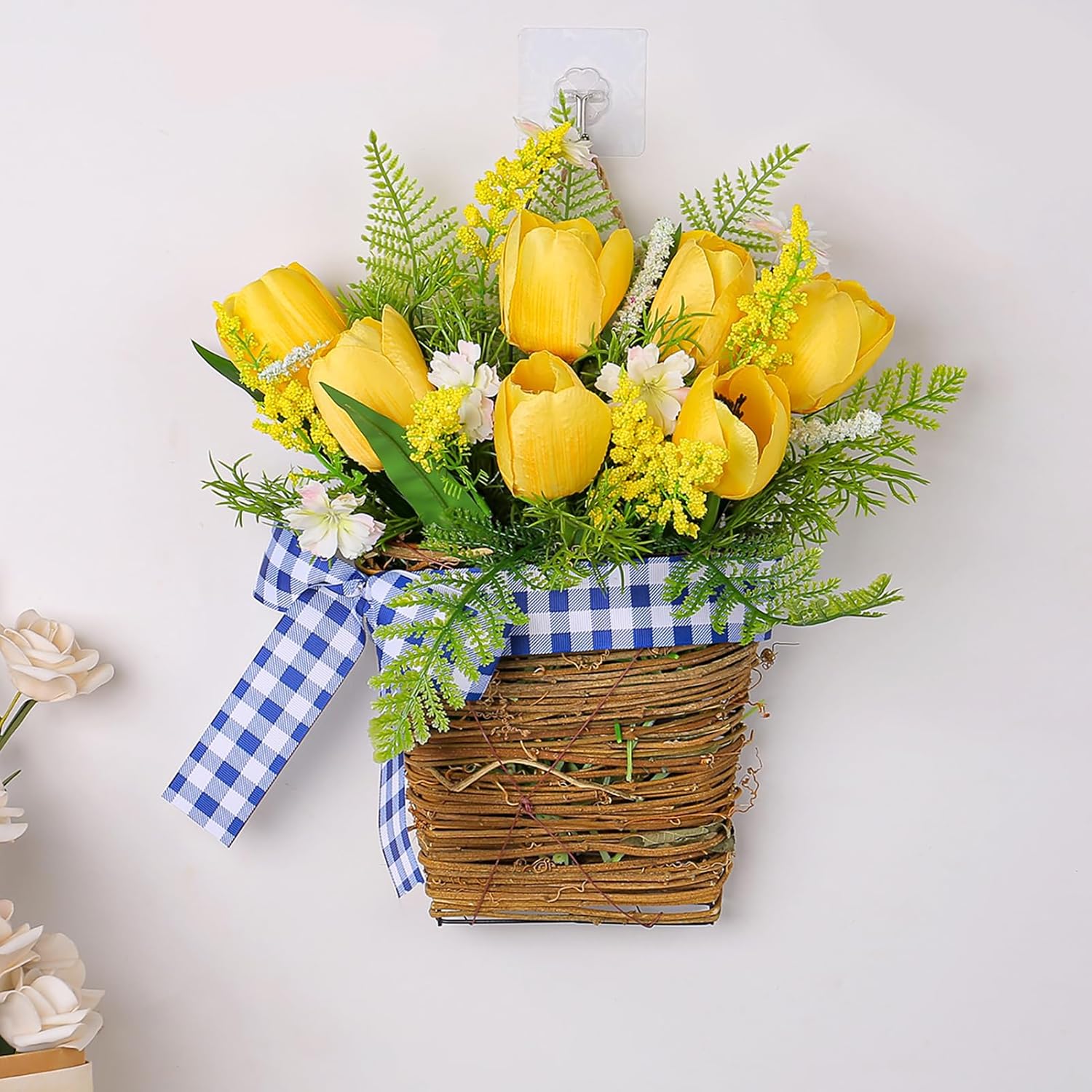 Belupai Spring Door Wreath with Artificial Tulips and Plaid Bow