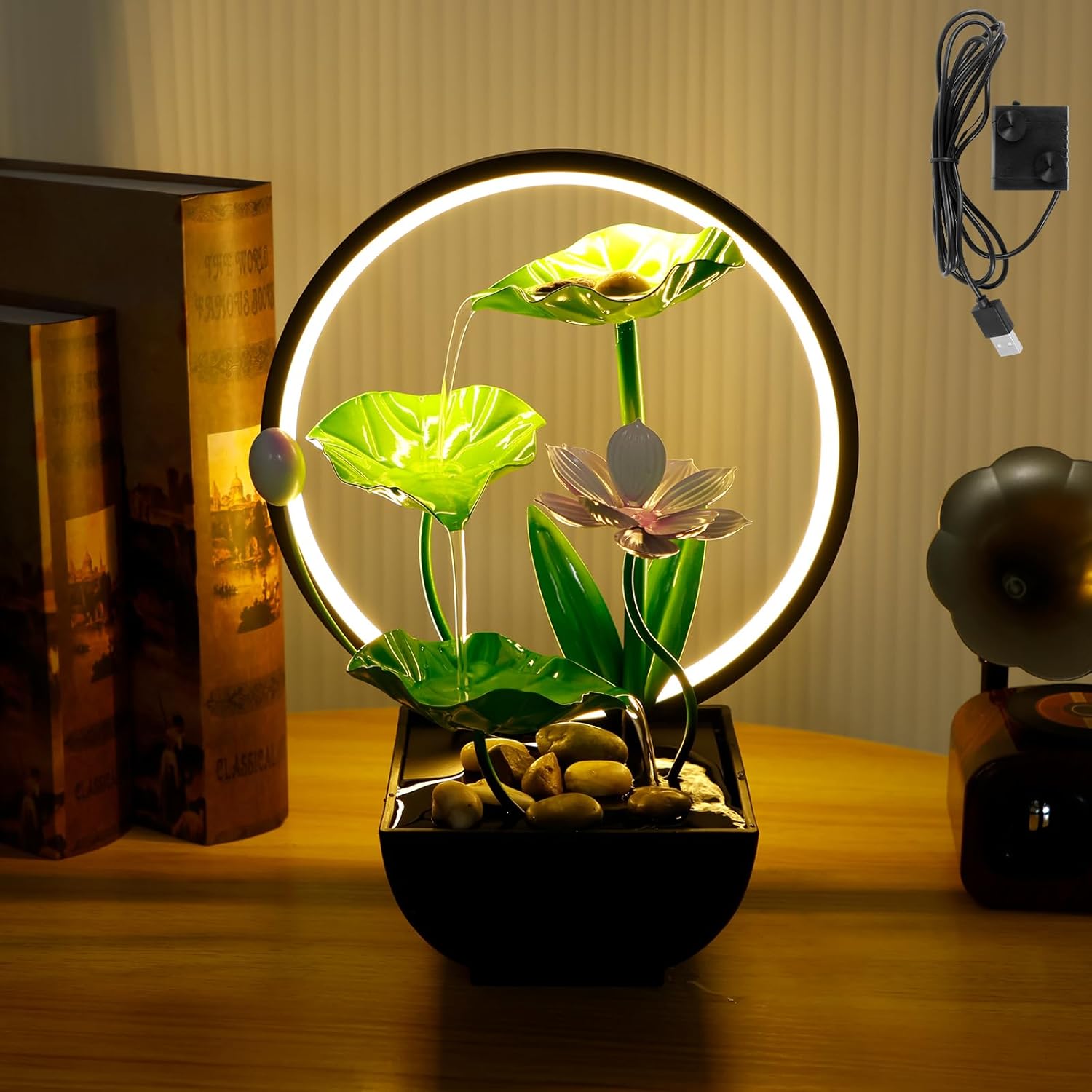 Water Lily Tabletop Fountain with USB Charging and Built-in Pump 3 Tiers