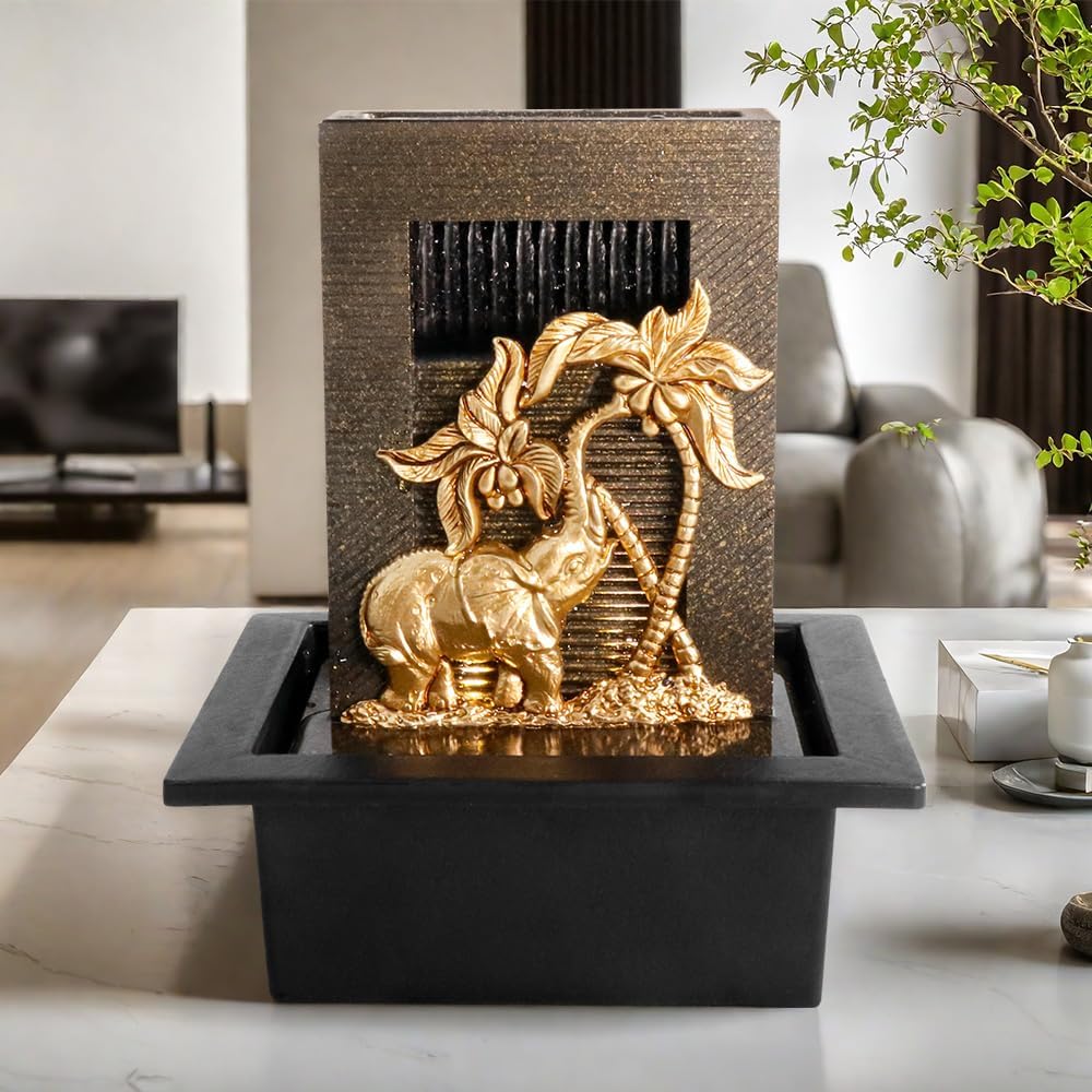 Elephant Themed Tabletop Fountain with Colorful Lights and Natural River Rocks