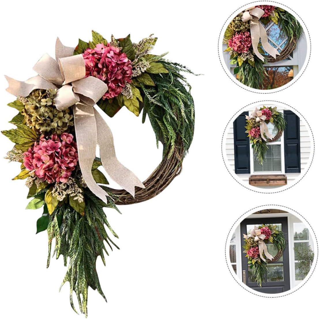 Cabilock White Hydrangea Garland Wreath Decor Front Door Hanger