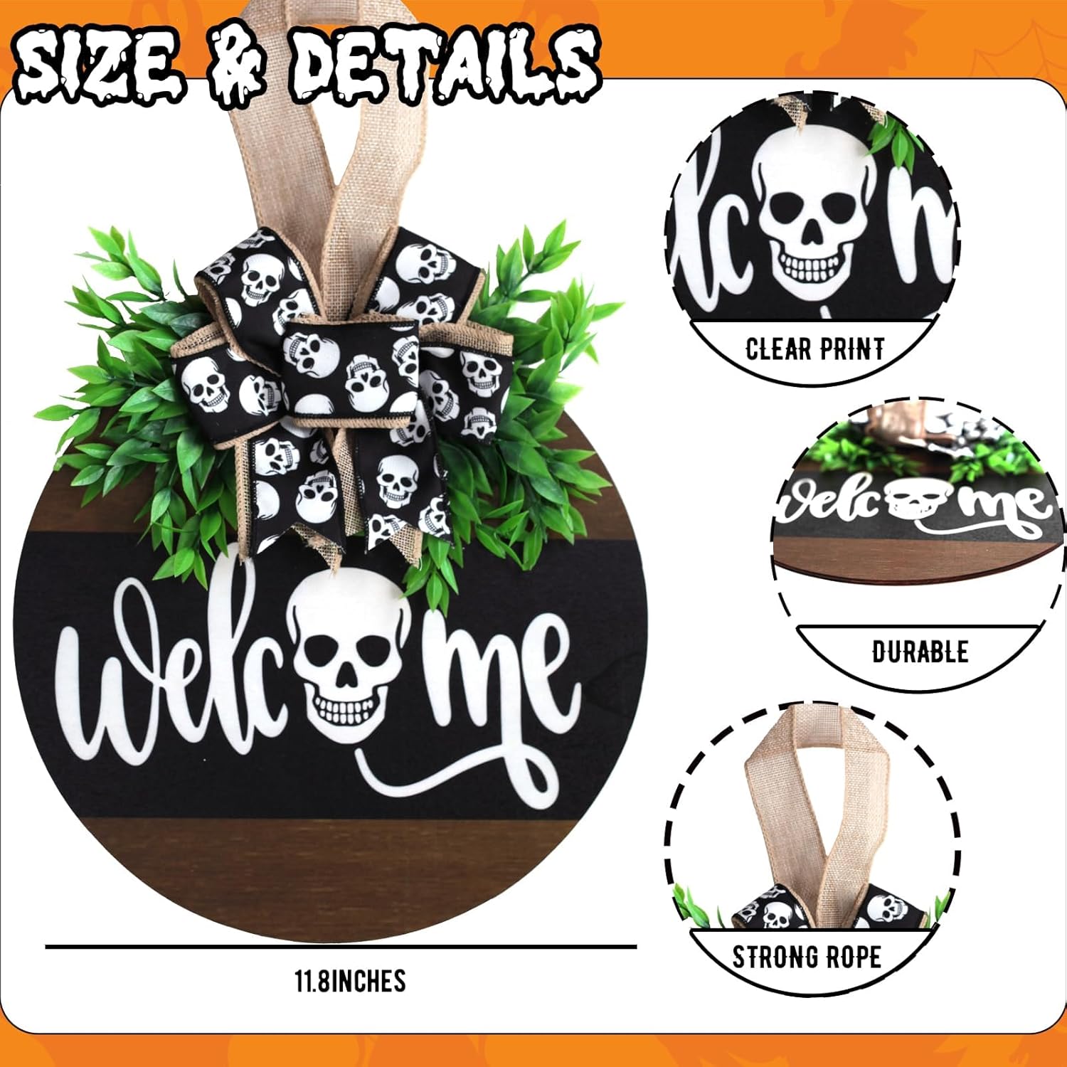 Halloween Wooden Welcome Sign with Spooky Skull and Bow