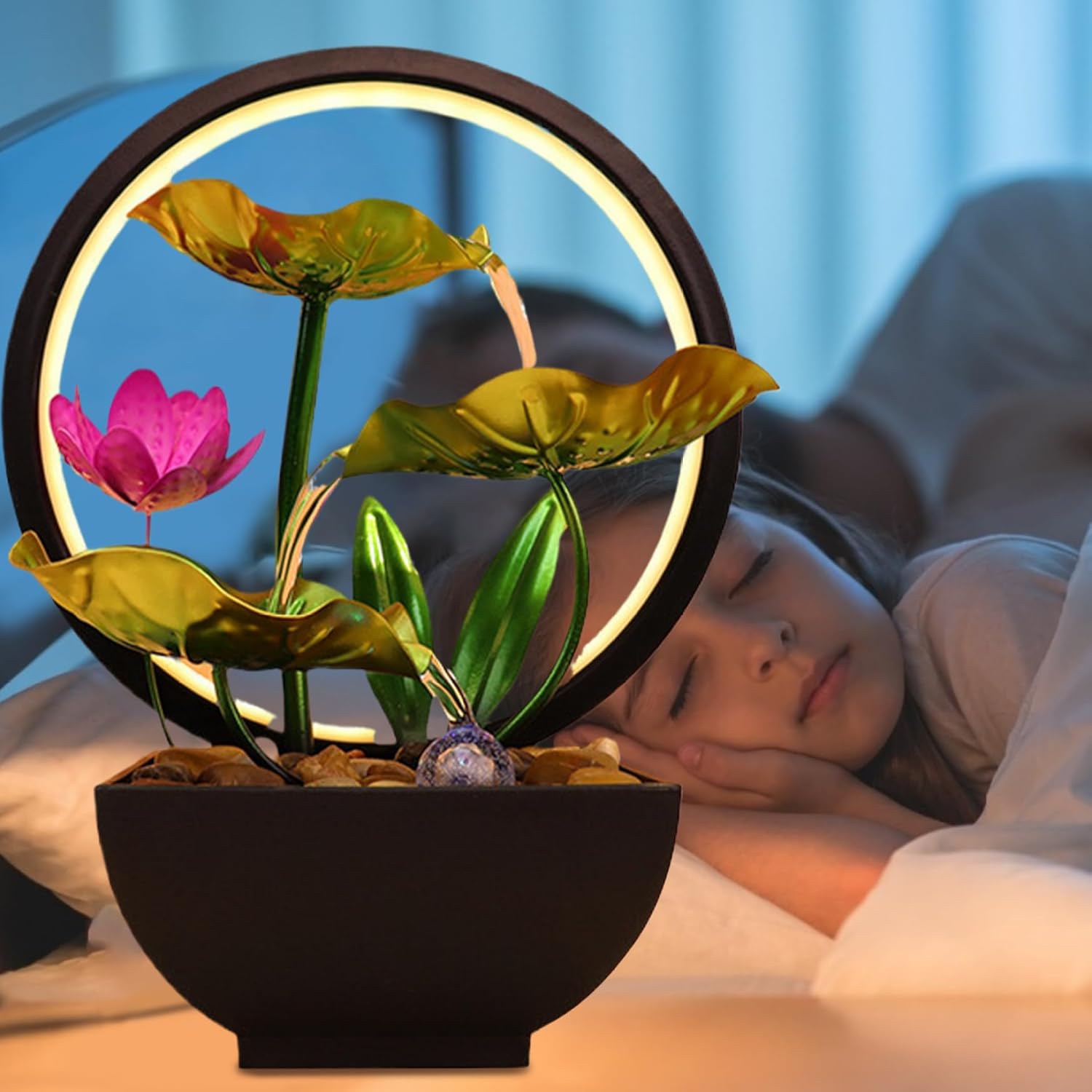 Indoor Waterfall Fountain with Light and Lotus Design
