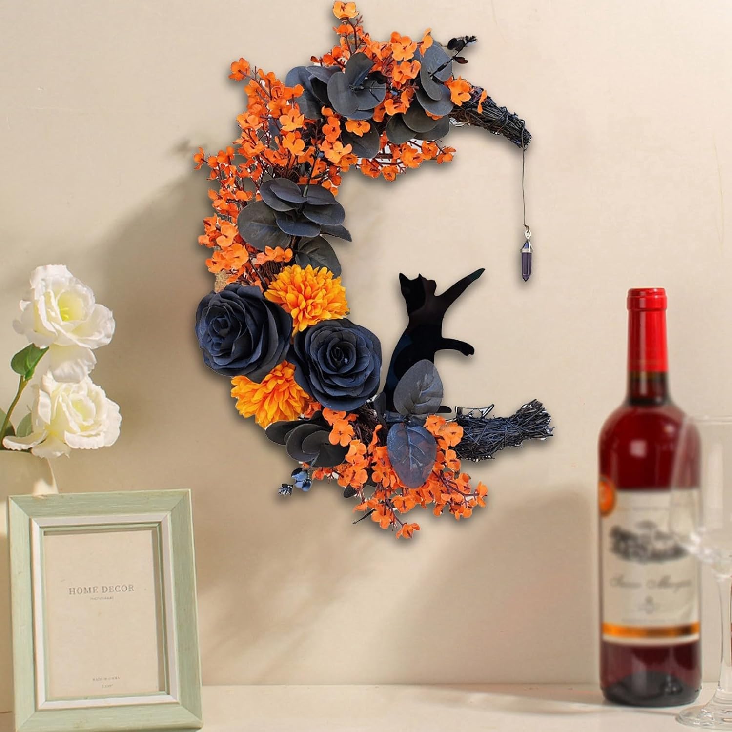 Halloween Wreath with Black Cat and Crescent Moon Design