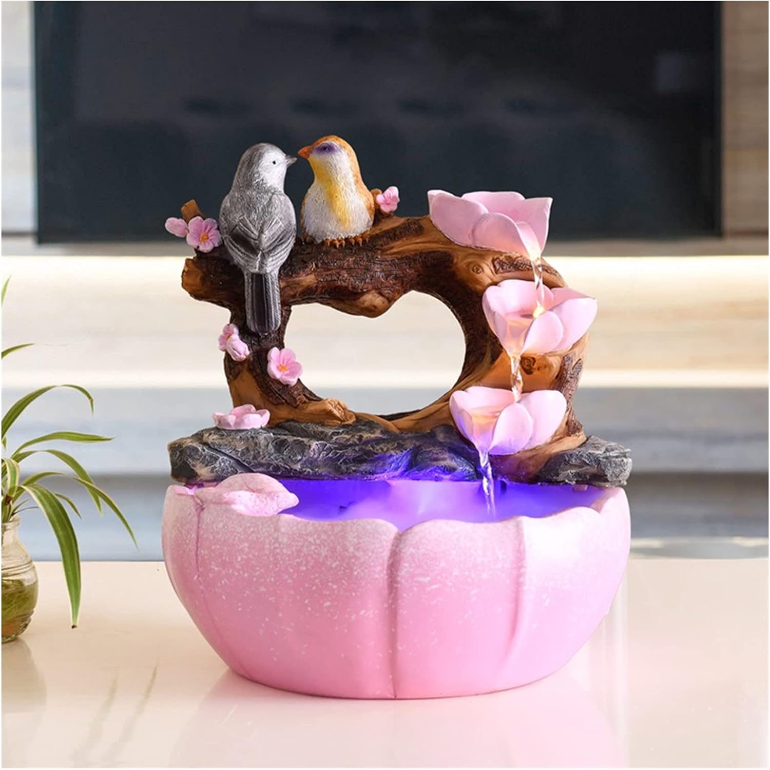 Grey Resin Tabletop Water Fountain with LED Light 10 Inch