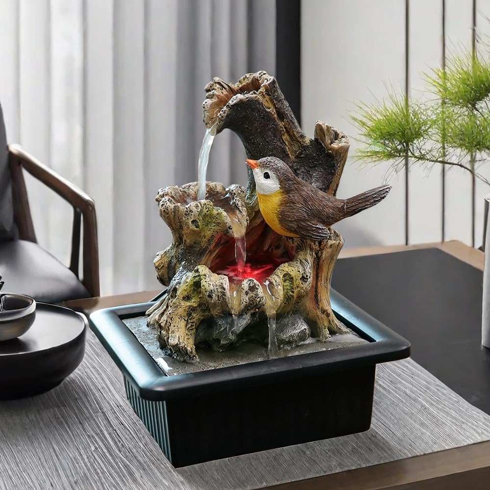 Rock Cascading Tabletop Water Fountain with LED Light Yellow Bird