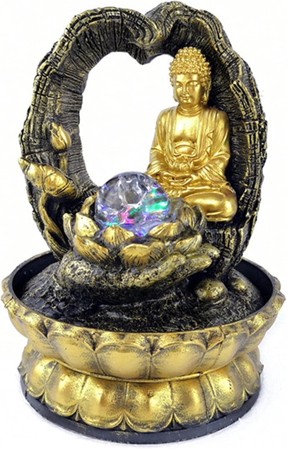 Golden Lotus Buddha Desktop Water Fountain with Glowing Ball