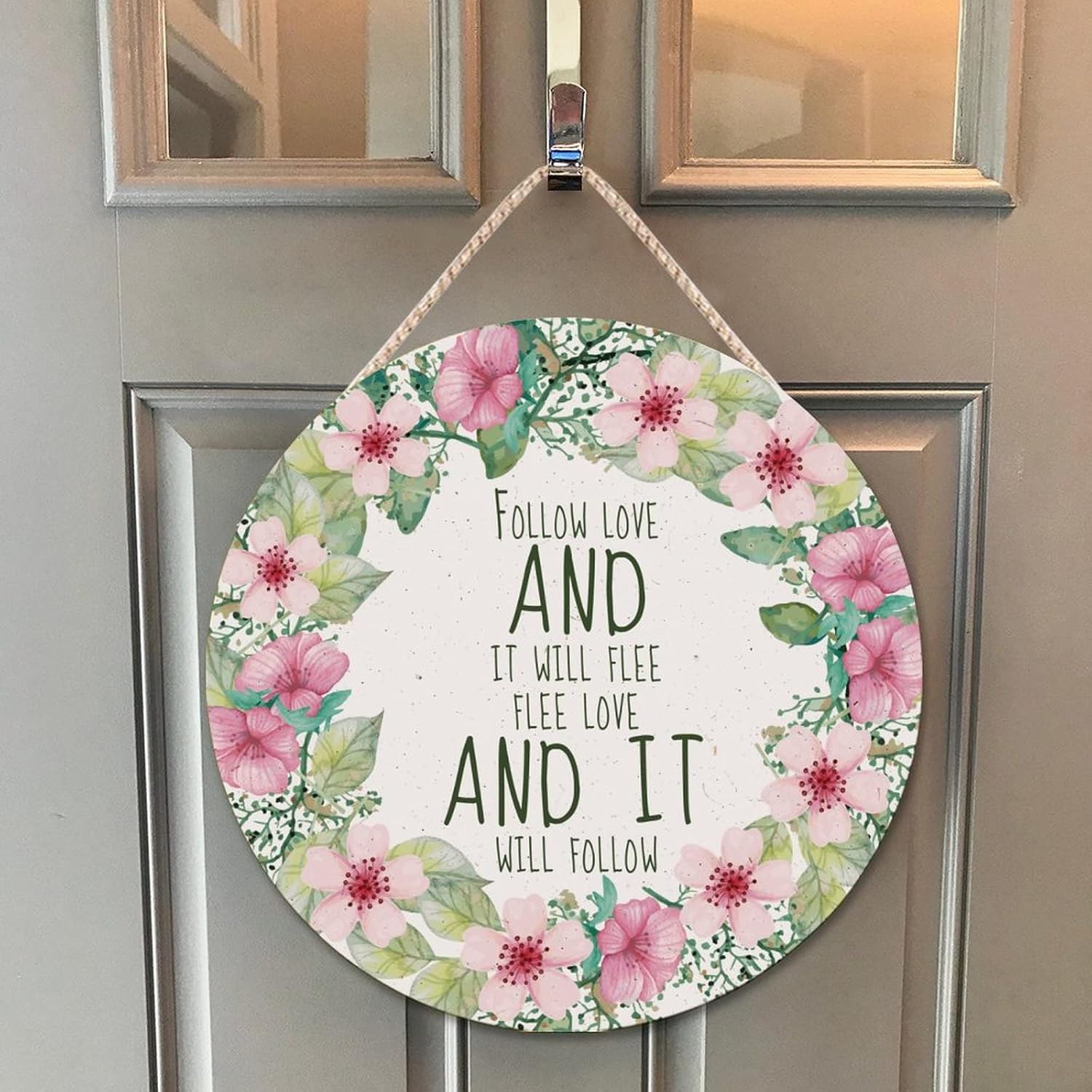 Farmhouse Door Hanger Vintage Floral Wreath Wood Sign 10x10in