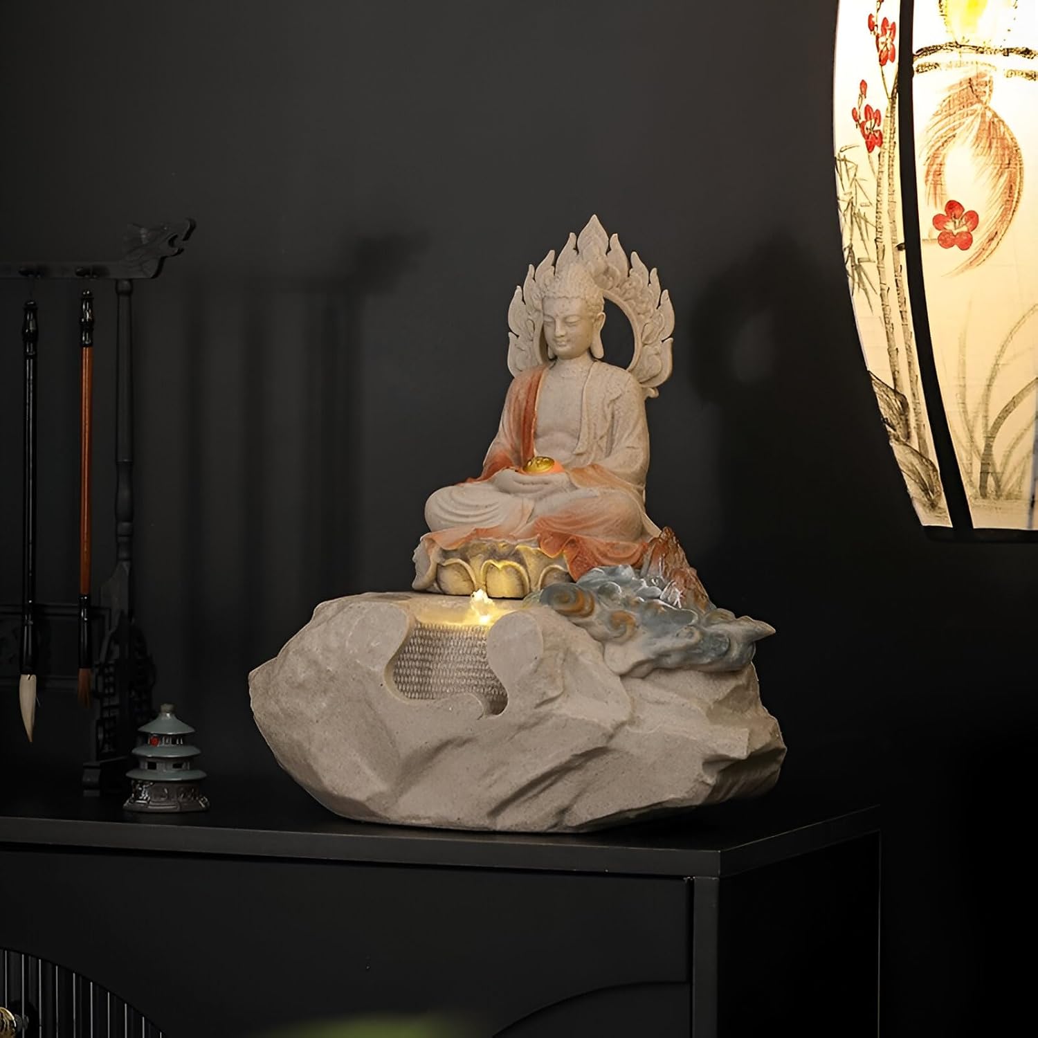 Zen Buddha Tabletop Fountain with LED Lights and Crystals