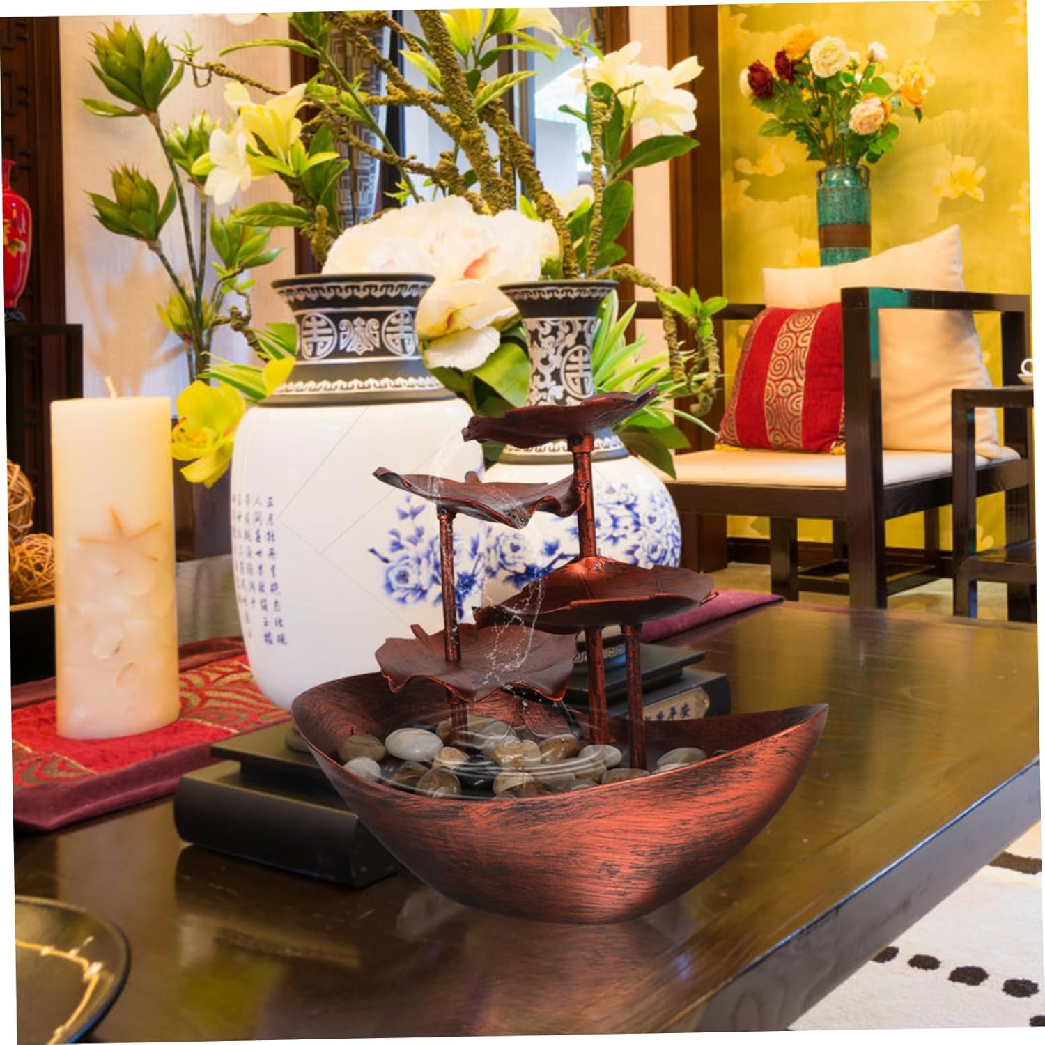 Creative Tabletop Fountain LED Light Copper Lotus Leaf Waterfall Decor for Living Room and Home