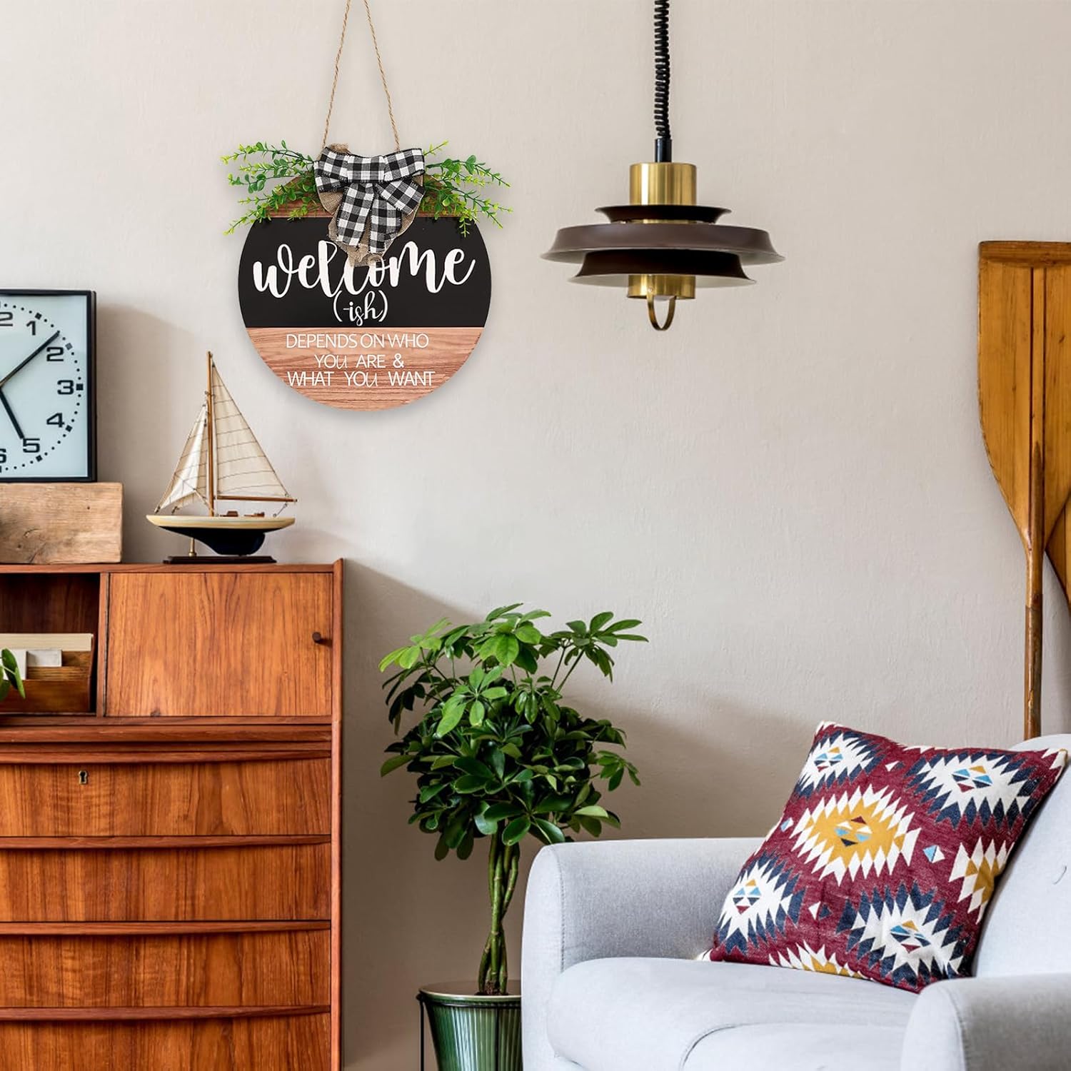 Front Door Decorations Welcome Wreaths with Green Plants and Plaid Ribbons