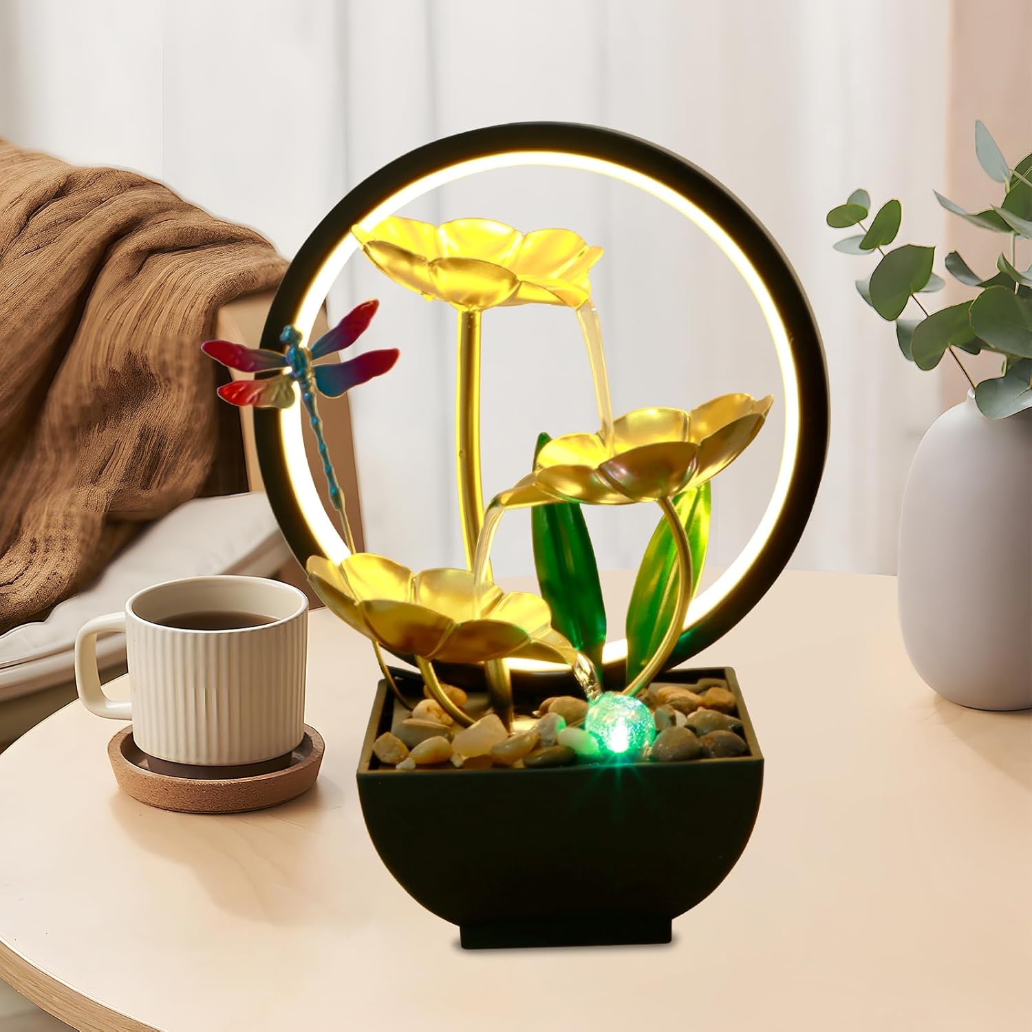 Dragonfly Tabletop Water Fountain with LED Ring Light and Humidifier