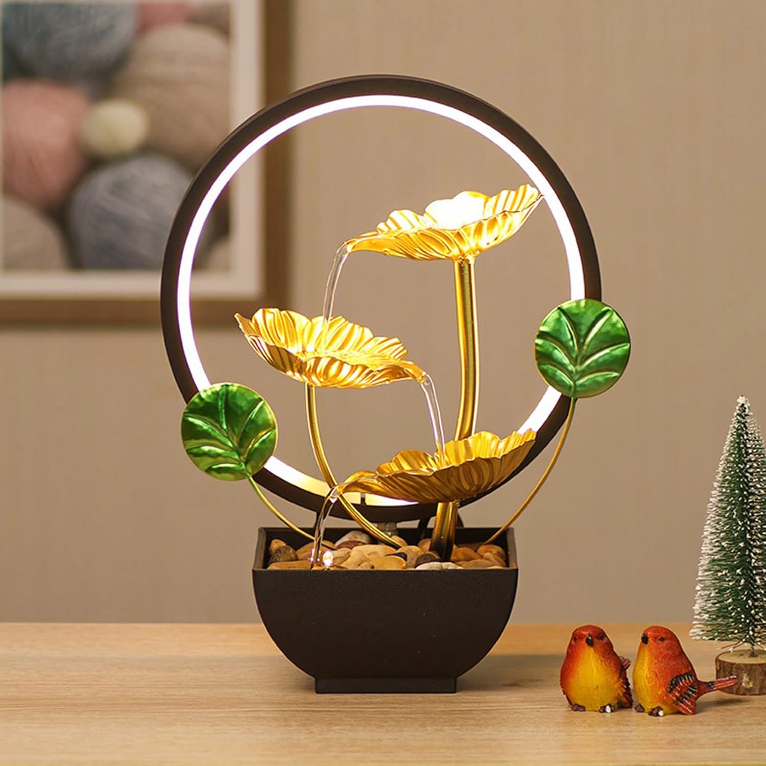 Elegant 3 Tiered Indoor Tabletop Fountain with LED Light and Natural Stones