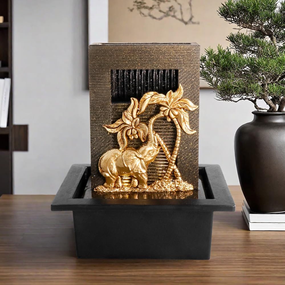 Elephant Themed Tabletop Fountain with Colorful Lights and Natural River Rocks