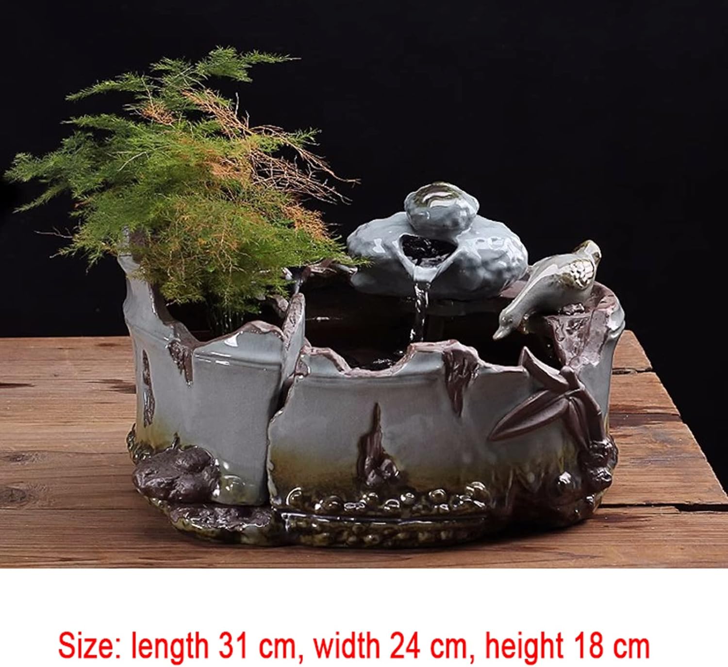 Tabletop Ceramic Fountain with Bamboo Basin Design